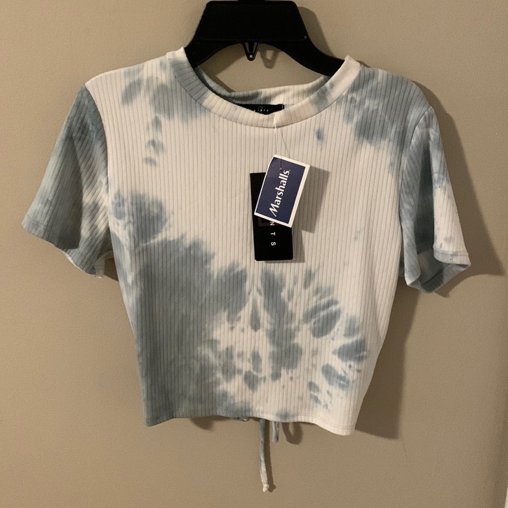 Blue and white tie-dye crop top with cut-out back